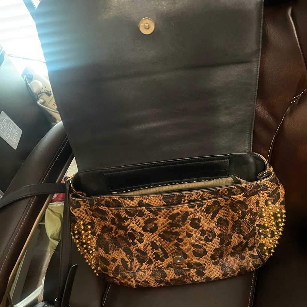 MCM Leopard Print Satchel with Black Trim and Gold Studs - Picture 6 of 9